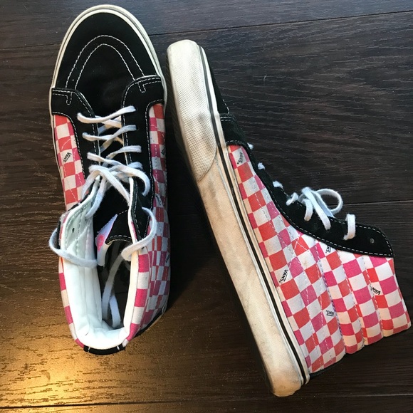 red and black checkered high top vans